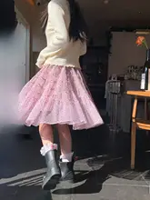 甘茶ピンクドットメッシュAラインスカート【フランス風・レイヤードデザイン】