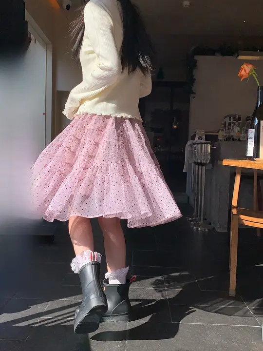 甘茶ピンクドットメッシュAラインスカート【フランス風・レイヤードデザイン】