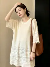 夏用の透け感のあるニットTシャツ【大きいサイズ・ゆったり・通気性・中長丈・スリム効果】（セットアップ対応）