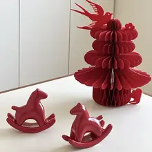 陶器 オーナメント 卓上オブジェ チャイナテイスト 赤 ツバメ 馬 お正月 迎春 開運 縁起物 インテリア