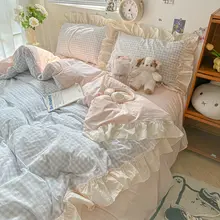 布団カバーセット 3点セット 4点セット フレンチ風 少女風 ウォッシュ加工 フリル クリーム色 ブラックチェック柄 学生 一人暮らし
