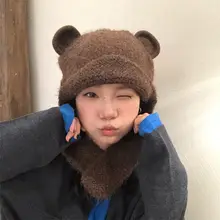 ハートボタン付きクマ耳毛糸帽子【保温・耳あて・カップル向け】