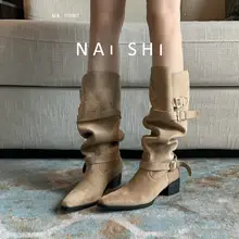 羊皮製のレトロな西部風ロングブーツ【大筒・ソフトレザー・ポインテッドトゥ・太ヒール】