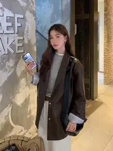 ブラウンレザーコート【レディース・韓国風・ヴィンテージ・ルーズフィット・中長丈】