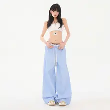 ブルーストライプのダブルウエストワイドパンツ【夏用・コットン混・フィット・スリム効果】（セットアップ対応）