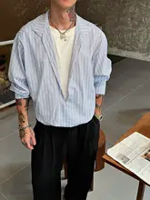 Vネック長袖シャツ【ブルー＆ホワイトストライプ・フィット・穴あけ不要】（セットアップ対応）