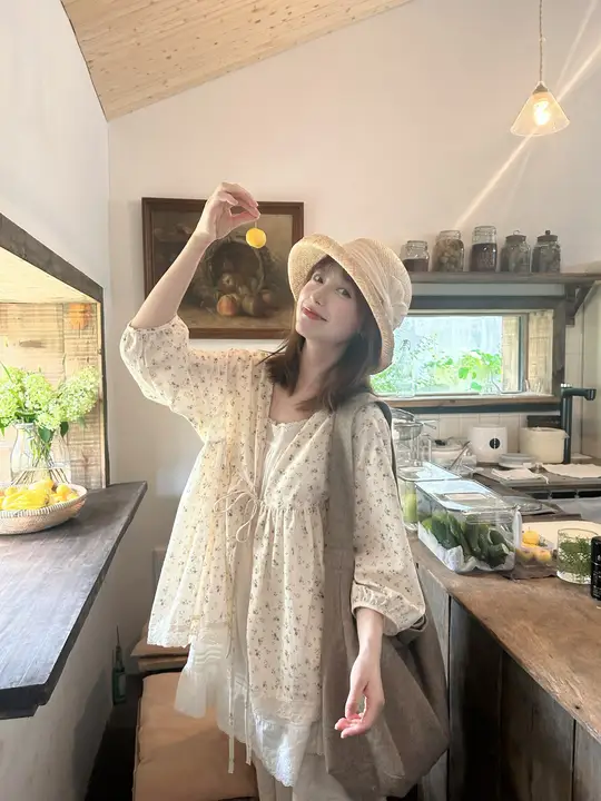 春用 花柄レースパッチワーク長袖シャツ【重ね着対応・竹節綿使用】