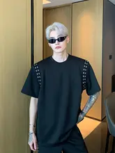 半袖Tシャツ スウェットパンツ 2点セット メンズ ショルダーパッド メタルアクセント ルーズ ストレート「cuibuju」