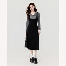 春秋の新作！学院風デザインの女性用ロングドレス【通勤・面接対応・小柄向け・偽二重構造】