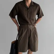 リネン素材 古典的なキューバカラー 半袖シャツ【夏用・ブラウン・カジュアル】