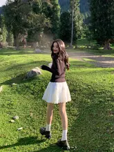 pusumede バレエ風白色フリルAラインスカート【高腰・ショート丈・女性用】
