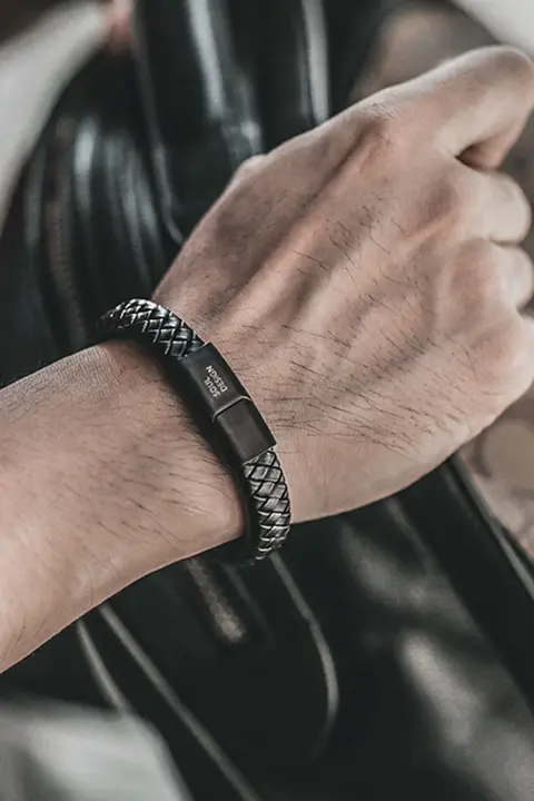 本革製 メンズレトロスタイルブレスレット【カップル向け・ブラック・ビーンズデザイン】