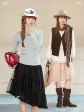 レトロなメッシュドット不規則層のハイウエストAラインスカート【フリル付き・春用】