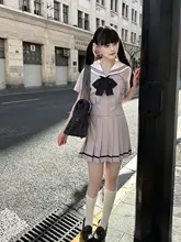 かわいい小熊猫プリントの水手服トップスとプリーツスカート【紫・収腰デザイン・フレンチスタイル】（セットアップ対応）