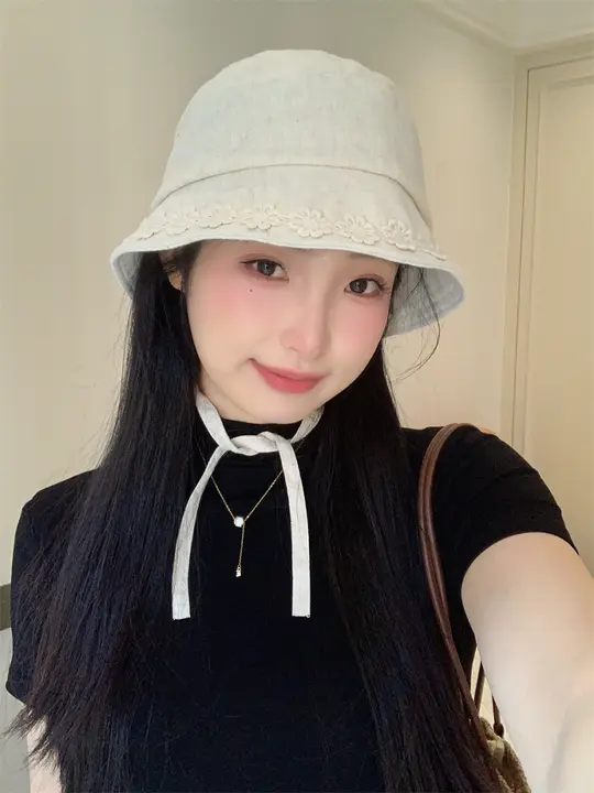 立体フラワー編みの亜麻製フィッシャーハット【甘いリボン・夏用・大きなつば・UVカット】