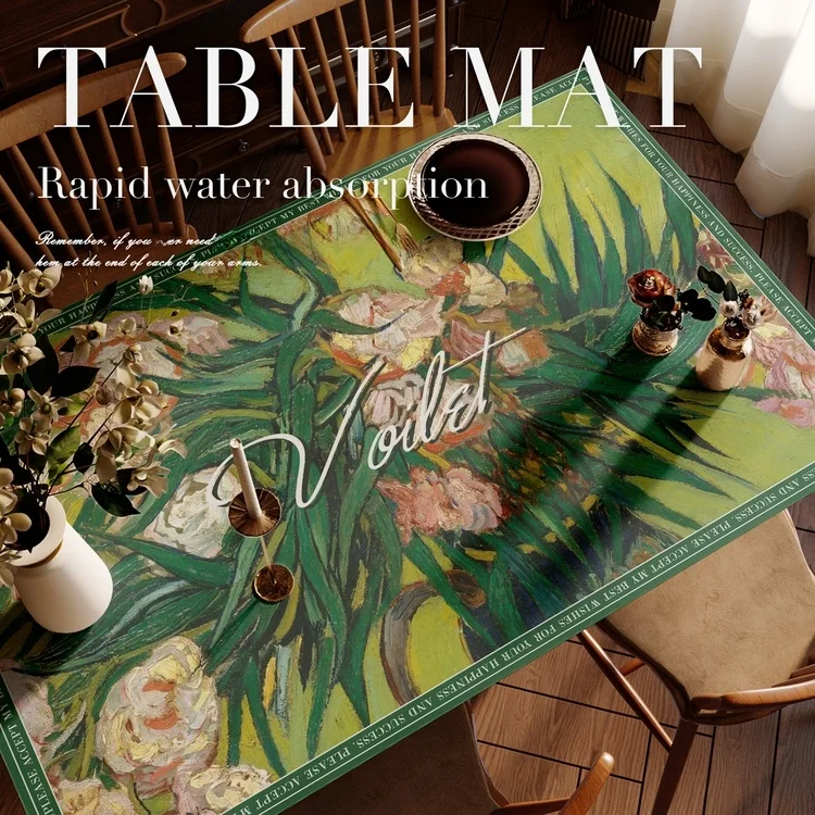 ゴッホ風油絵デザインのレザー製テーブルマット：防水・汚れ防止機能と自由カットの使い勝手