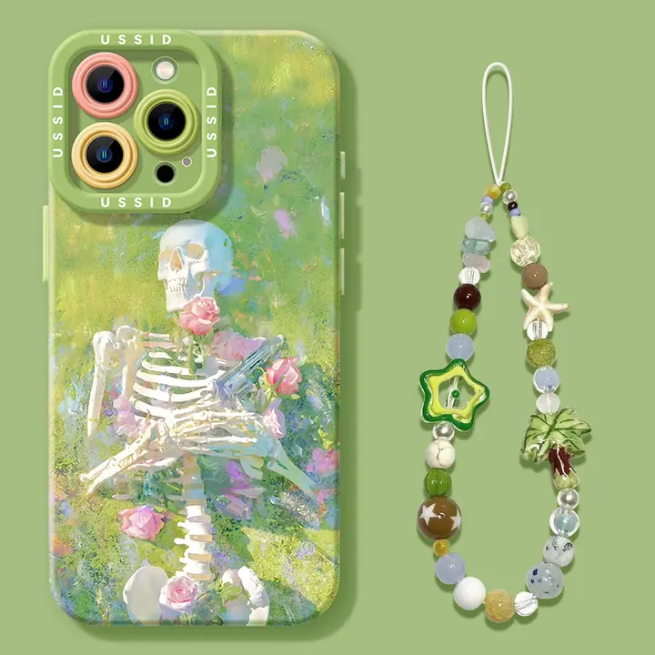 iPhone用シリコンケース【春花デザイン・ストラップ付き・グリーン・適応モデル】