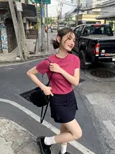 ショートスリーブTシャツ 女性 夏 ラウンドネック スリム 小柄 単色 トップス