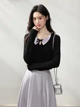 バイカラー蝶結びデザインの黒いボックスTシャツ【長袖・ダークカラー・女性用】