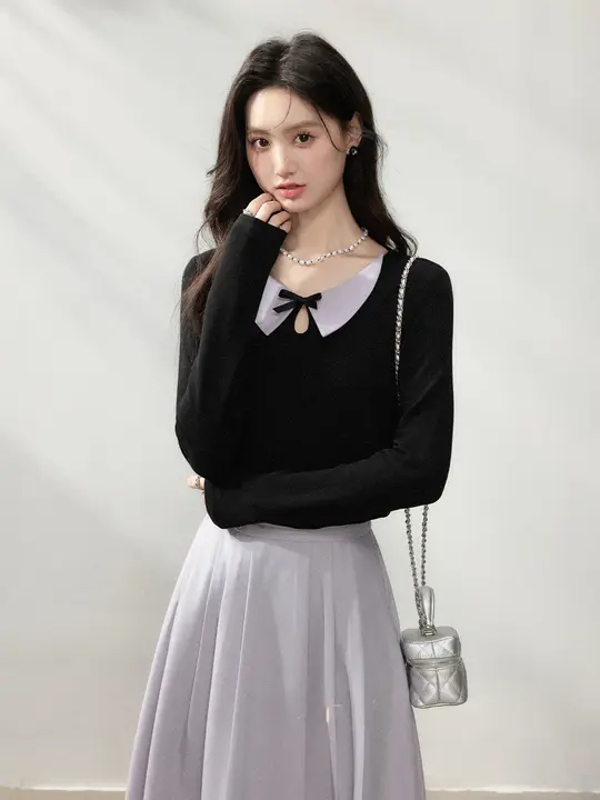 バイカラー蝶結びデザインの黒いボックスTシャツ【長袖・ダークカラー・女性用】