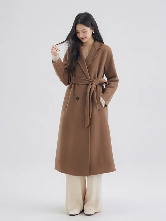 小鹿のパフ おしゃれなトグルボタン付きキャメルカラーコート【20%カシミヤ・冬用】
