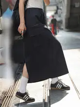 深青色ポケット付きワークスタイルミディスカート【ハイウエスト・スリット入り・春夏用】