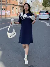 ネイビーブルーのオフショルダーセーラーカラーワンピース【カジュアル・夏 用・デザイン】（セットアップ対応）