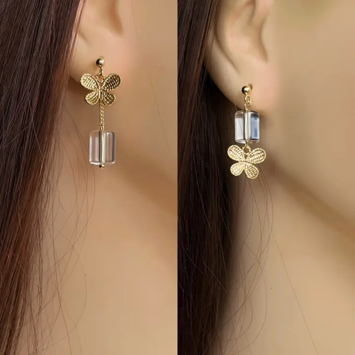 シンプルで洗練されたバタフライデザインの天然白水晶イヤリング【925シルバーピアス・ノー打孔対応・普段使いに最適】