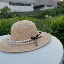 パール付きリボンデザインのラフィア草編みハット【夏用・日よけ効果】
