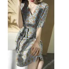 重厚感ある桑蚕絲製Vネックフラワープリントサマードレス【ウエストシェイプ・ティータイム用】