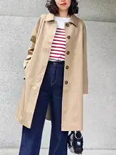 カーキ色 春用 レディースコート【グリーン袖・ゆったりフィット・ミドル丈・フリルデザイン】