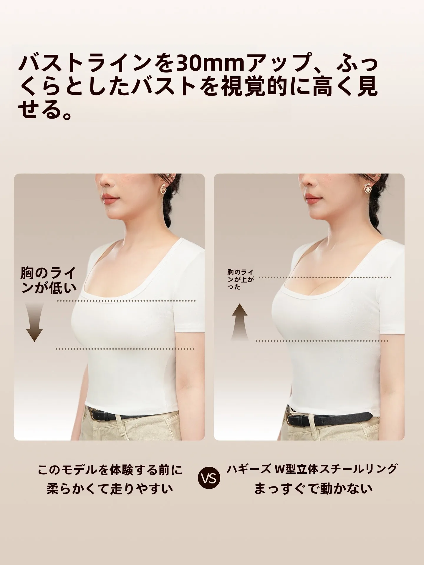 ノンワイヤーブラサイズ表：小胸向け3/4罩杯のフィット感と体形対応ガイド