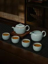 手作り汝窯の茶壺【レトロな青瓷・氷裂釉・シンプルデザイン】