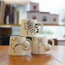 立体尾巴デザインの陶器製マグカップ【柴犬と猫のカップル用・コーヒー用】