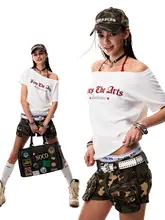 斜め肩デザインのレトロな短袖Tシャツ【クロスプリント・ゆったりシルエット・夏用】