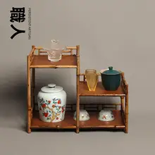 天然竹製 高低二段式茶棚【博古架・茶道用・収納家具】