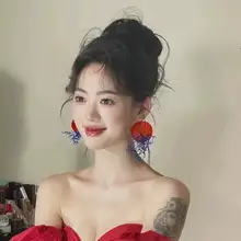 レトロな港風のカラーブロック網目イヤリング【女性用・高級感あるデザイン・結婚式やパーティーに最適】