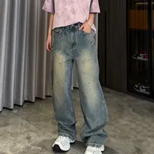ヴィンテージ風ウォッシュ加工デニムパンツ【ストレート・高級デザイン・デコレーション付き】