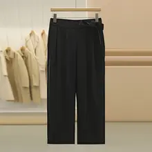 ハイウエストのリボン付きルーズフィットカジュアルパンツ【冬用・九分丈・スタイルアップ】（セットアップ対応）