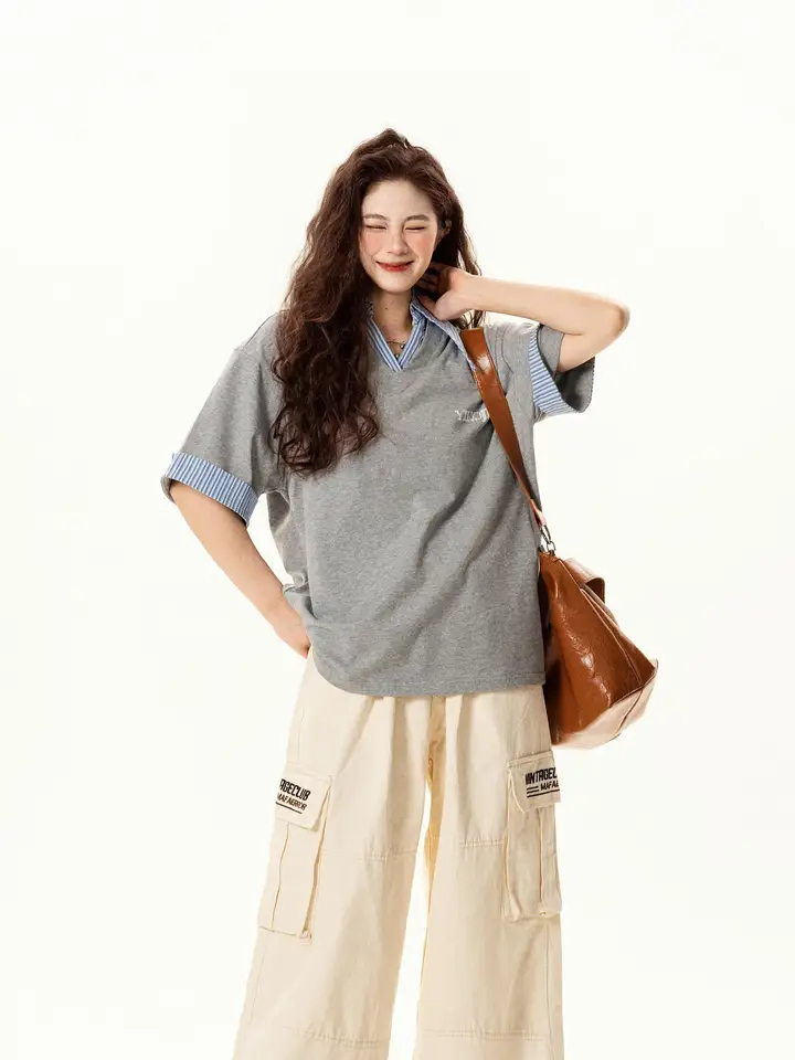 レトロ学院風 ポロカラー半袖Tシャツ【夏用・ゆったりデザイン・レイヤード風】（セットアップ対応）