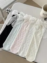 甘さ漂うレースフリル付き中筒ソックス【透かし編み・リボンデザイン・夏用】