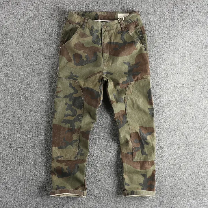 メンズ 秋季用 カモフラージュカーゴパンツ【レトロ加工・ウォッシュド仕上げ・ルーズフィット・ストレートレッグ】