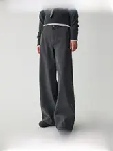リネン混冬用ローウエストストレートデニムパンツ【ミニマルデザイン・二つボタン・折り返し】