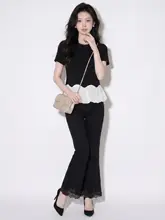 シンプルなデザインのレースパッチワーク黒ロングパンツ【スリムフィット・Aライン】
