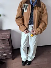 オフホワイトのシンプルデザインデニムパンツ【ユニセックス・ワイドレッグ・フィット】