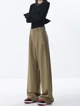 カーキ色のストレートシルエット女性用カジュアルスーツパンツ【ゆったり・スリム効果・秋春対応】（セットアップ対応）
