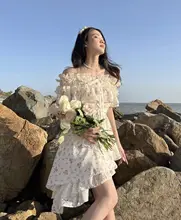 フラワープリントオフショルダーエレガントドレス【シルエット・柔らかな生地】（セットアップ対応）