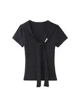 独特なデザインのVネック半袖Tシャツ【ネイビー・夏用・女性用・スリム効果】