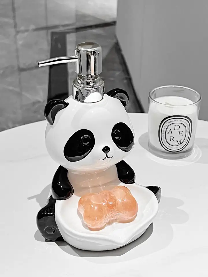 パンダデザインの陶製ソープディッシュ【水切り機能付き・ポンプボトル二合一・家庭用】