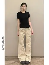 多ポケットデザインのカフェカラー高腰ワイドレッグ作業パンツ【春用・フィット・ストレートデニム】